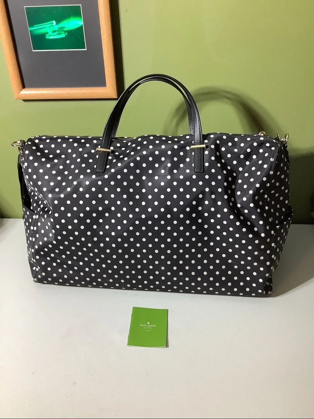 Kate Spade NY nylon black with white polka dots travel/weekender/duffle bag